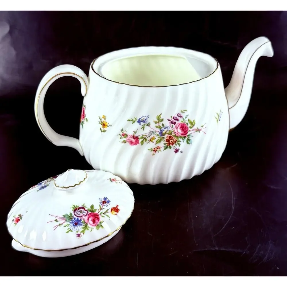 Vintage Minton Bone China Teapot Marlow S309 Floral Gold Trim England